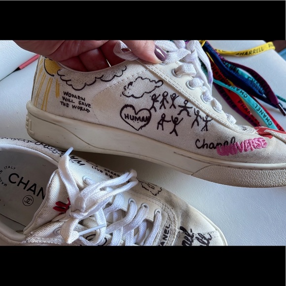 CHANEL X PHARRELL White Graffiti Limited Edition Sneakers, size 6 - Picture 6 of 13
